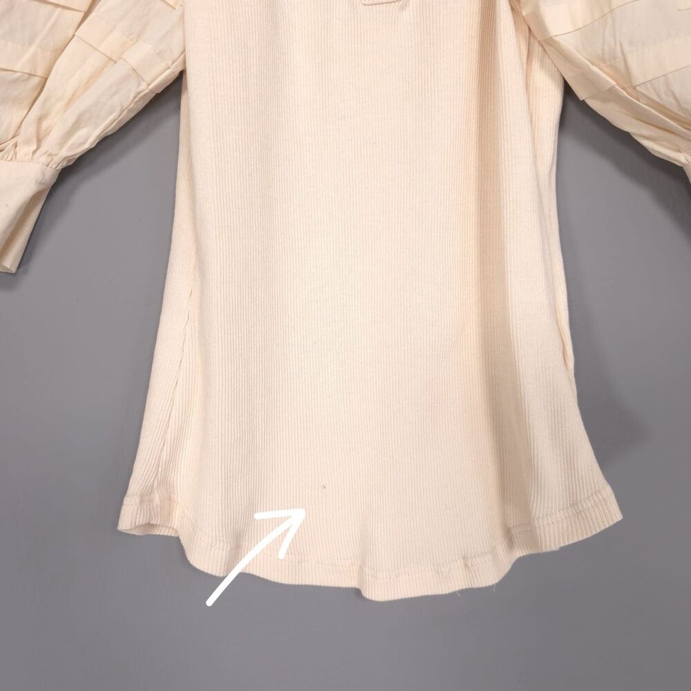 ULLA JOHNSON Iman Top Size P Cream Cotton Poplin Rib Knit Short‎ Puff Sleeves XS - Picture 11 of 16
